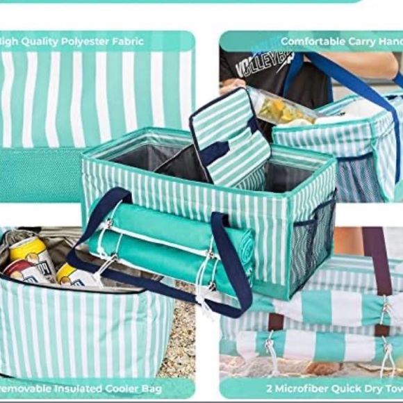Striped Mint Travel Tote Bag with Navy Accents - Picture 2 of 4